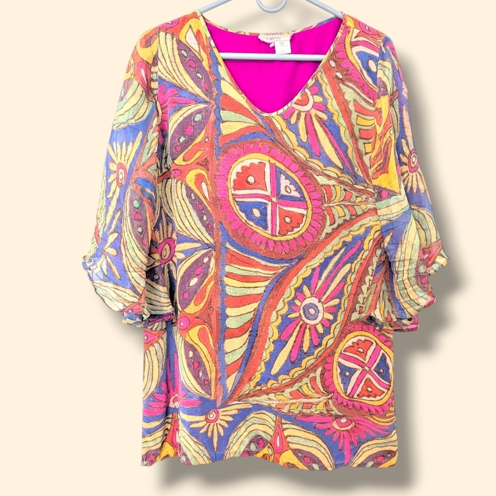 Anthropologie Cluny Colorful Abstract Silk V-Neck Batwing Relaxed Top 14 Artsy